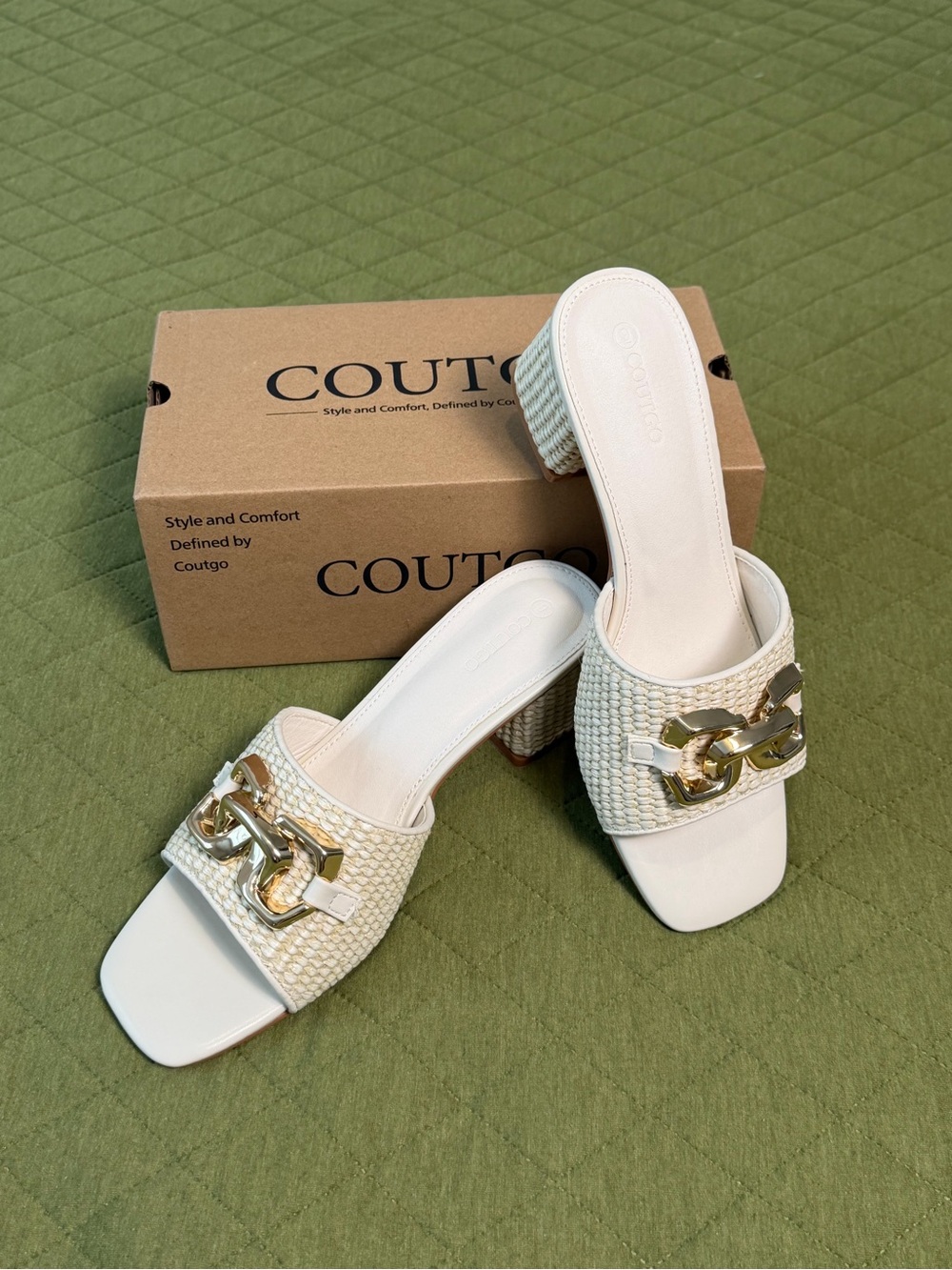 Coutgo Cream Woven Block Heel Mules with Gold Chain